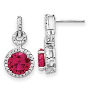925 Sterling Silver Lab Created Ruby & White CZ Round Halo Post Dangle Earrings